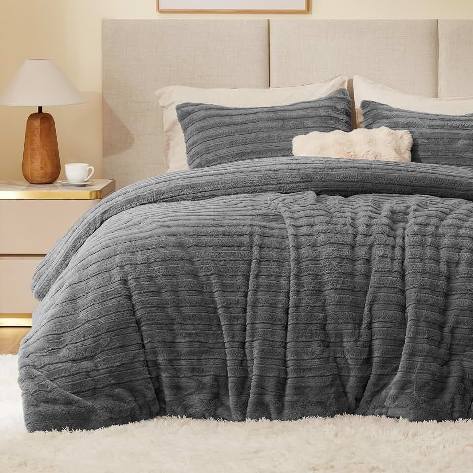 BEDELITE Faux Fur Twin/Twin XL Comforter Set, Fluffy Bed Set, Grey
