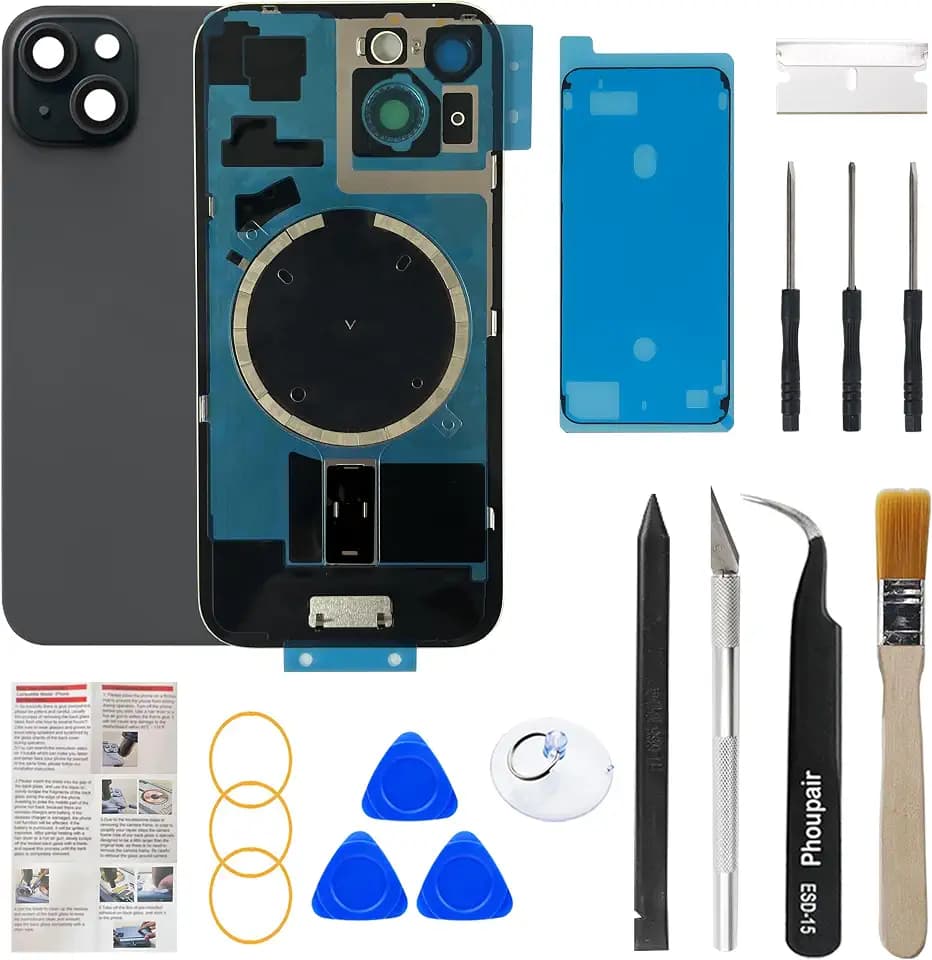OEM Back Glass Replacement Compatible with iPhone 15 6.1 Inches with Camera Frame and Camera Lens + Professional Repair Tool Kit and Installation Instruction (Black)