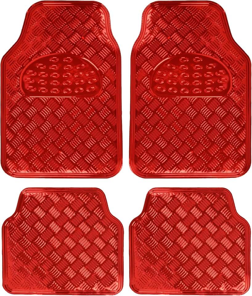 BDK Metallic Chrome Car Floor Mats All-Weather Universal Fit Automotive Floor Mats for Cars SUVs, Floor Mats for Trucks, Car Mats Full Set Front & Rear, Non-Slip Backing - Red