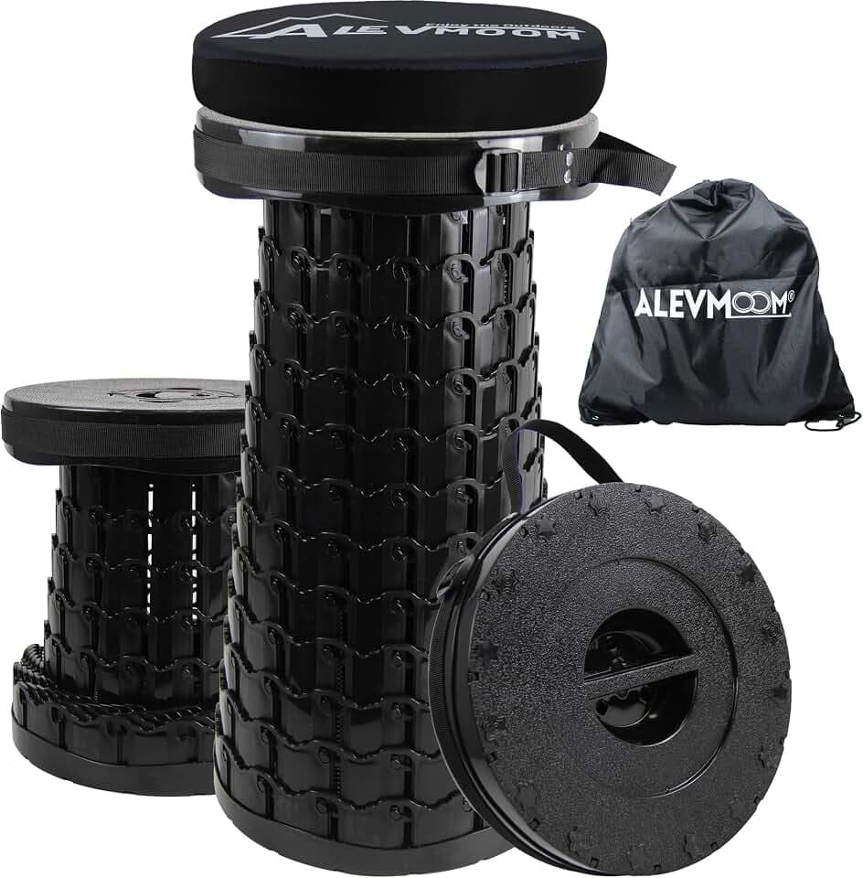 ALEVMOOM 2026 Verbesserter XXL-Klapphocker mit Kissen und Tasche, höherer 59 cm Tragbarer Teleskophocker, maximale Belastbarkeit 450 kg, einziehbarer Klapphocker für Camping und Reisen