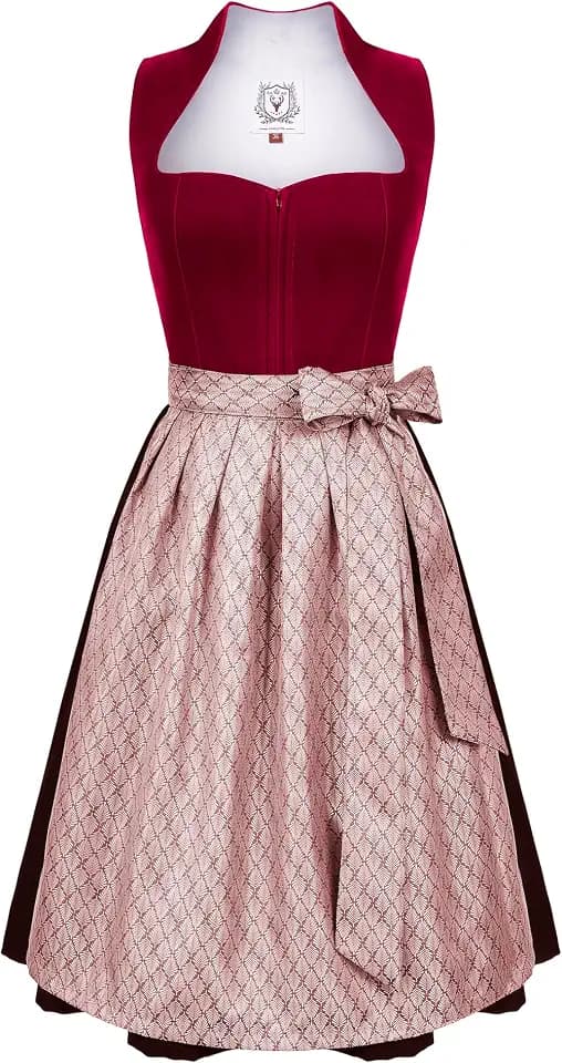 DIRNDLSTERN Damen Midi Rot - Elegantes Trachtenkleid Samt Plissee Schürze Perfekt für Oktoberfest