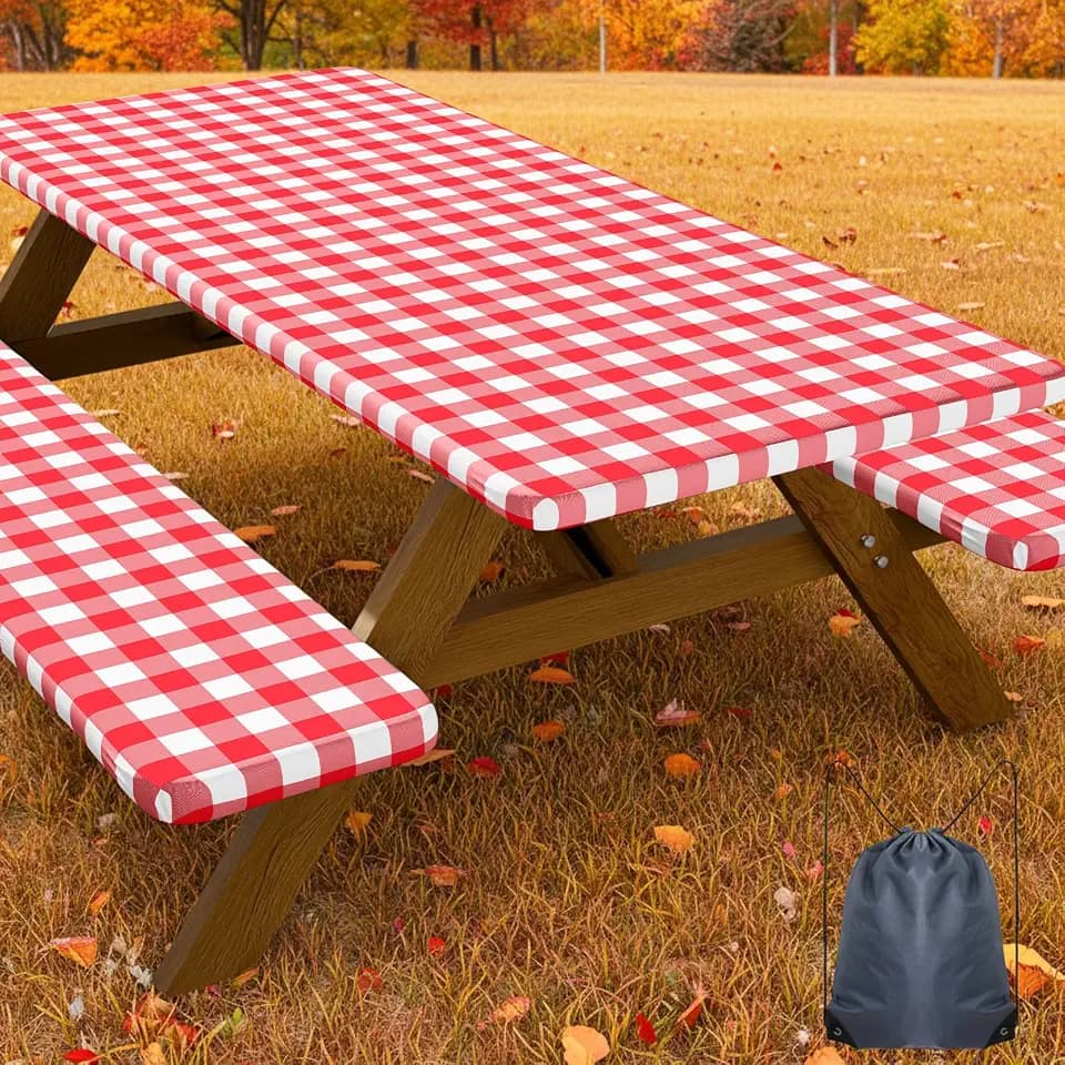 Smiry 8FT Picnic Table Cover with Bench Covers, Elastic Fitted Tablecloth