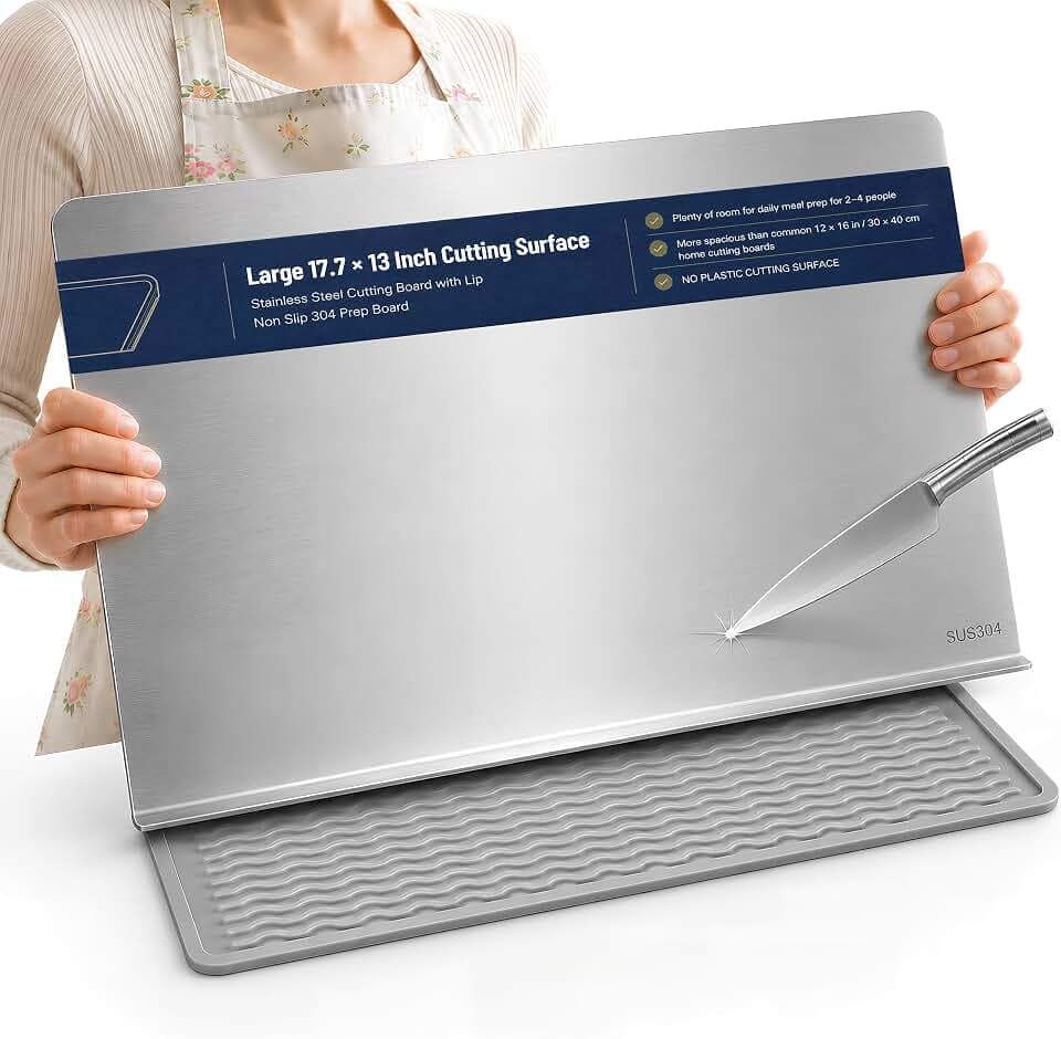 Large Stainless Steel Cutting Board with Counter Lip, 11.7×13 in, Non-Slip