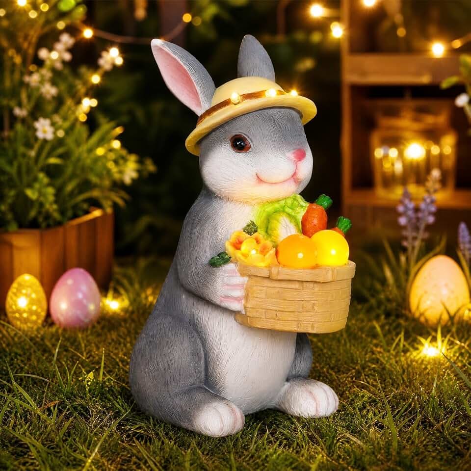 Solar Hase Gartendeko mit LED Licht, Osterhasen Figur aus wetterfestem Kunstharz, Outdoor Deko für Garten, Terrasse, Balkon und Rasen, Geschenk für Mama, Oma und Frauen
