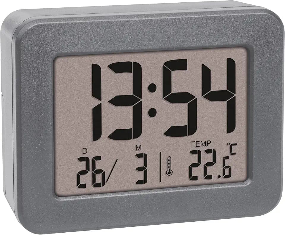 TFA Dostmann Digitaler Reise Wecker, 60.2044.10, batteriebetrieben, mit Weckalarm laut, inkl Innenthermometer, Datumsanzeige, Quarzuhr, klein und kompakt, grau