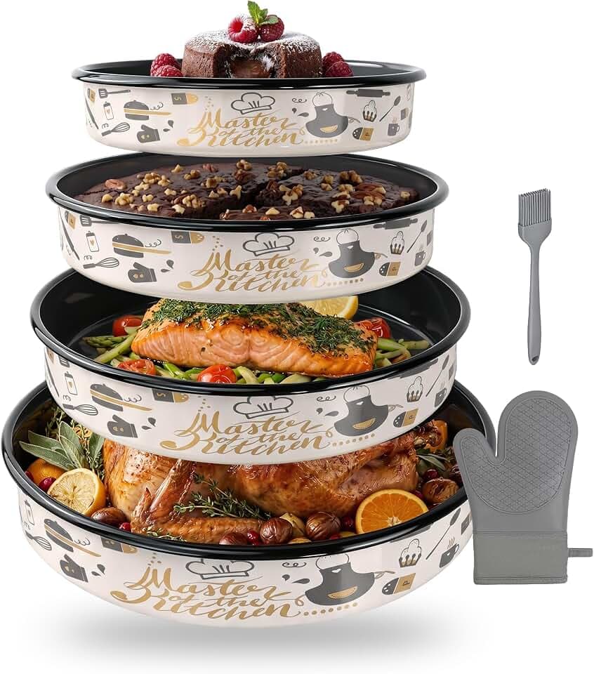 Round Turkey Roasting Pans Set of 4, Enamel Cake Baking Pan for Oven