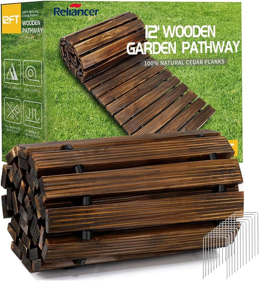 RELIANCER 12' Wooden Garden Pathway,Weather-Resistant Roll Out Cedar Walkway,Outdoor Patio Wood Foot Path,Decorative Garden Boardwalk Walkways,Flooring Path Sidewalk for Lawns Backyard Beach Wedding