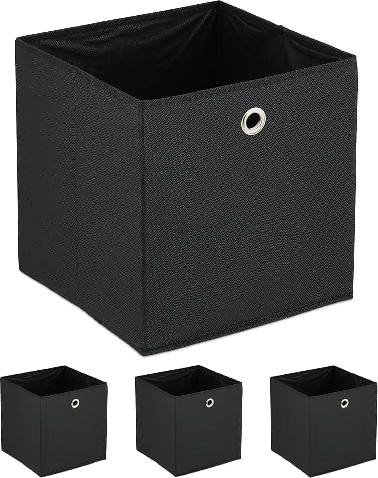 Relaxdays Aufbewahrungsbox, 4er Set, faltbar, HxBxT: 30 x 30 x 30 cm, Stoffbox mit Griffloch, Regalbox offen, schwarz