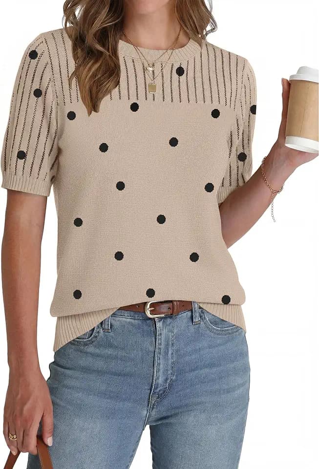 Zeagoo Women's Short Sleeve Sweater Tops 2026 Spring Summer Crew Neck Hollow Out Blouses Dressy Business Casual Outfits