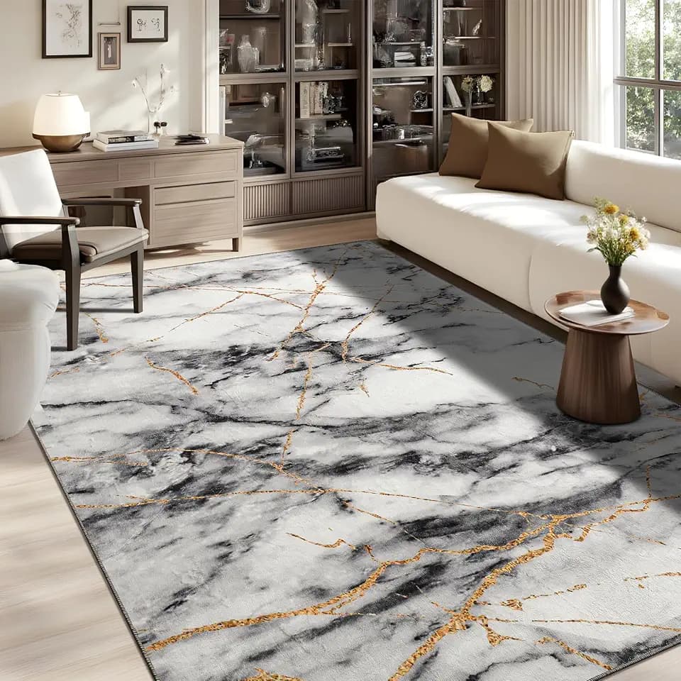 CRYPTOLITE Abstract Area Rug 5x7 Washable Rug with Non-Slip Backing Low Pile Area Rug Area Rugs for Living Room, Bedroom, Dining Room, Gold&Grey