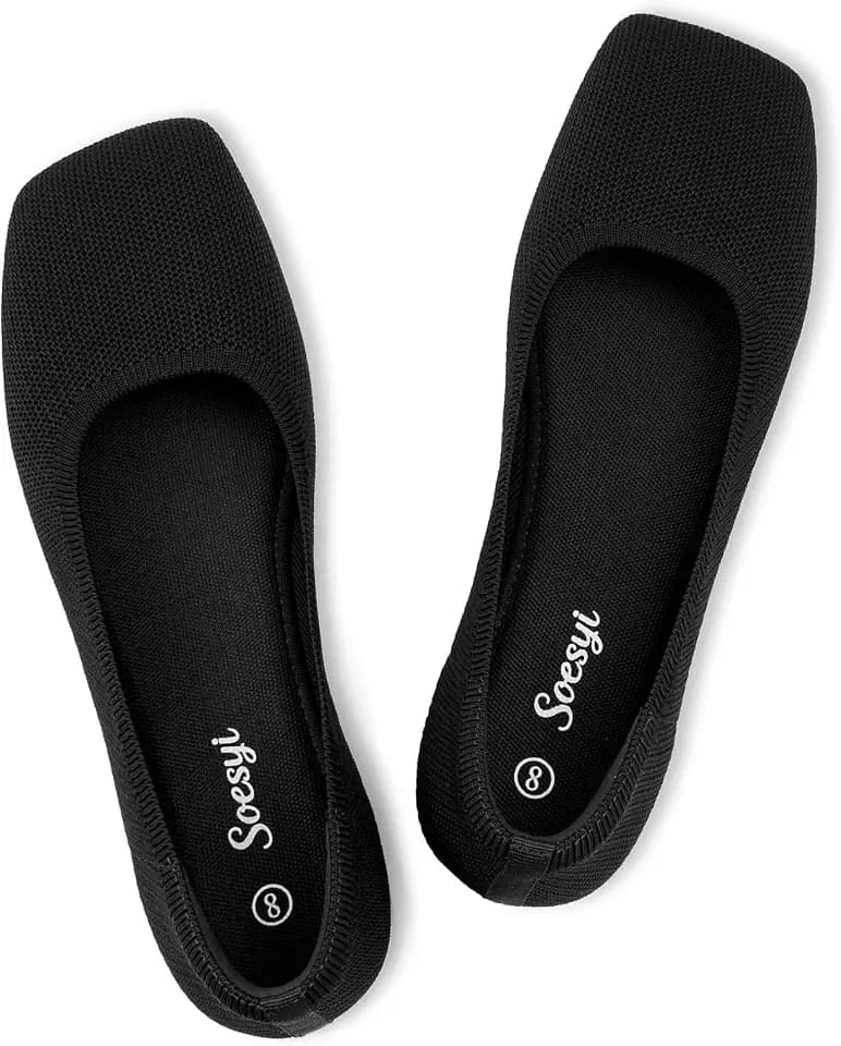 Soesyi Women's Wide Toe Box Mary Jane Flats Foldable Knit Ballet Shoes, Comfortable Slip-on for Casual Office Travel Barefoot Flats