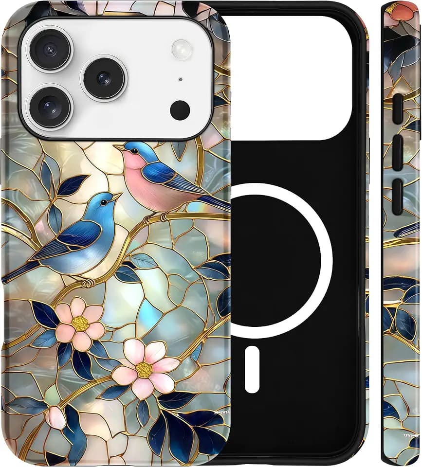 Jusy Magnetic Stained Glass Phone Case for iPhone 17/18 Pro Max, Bird