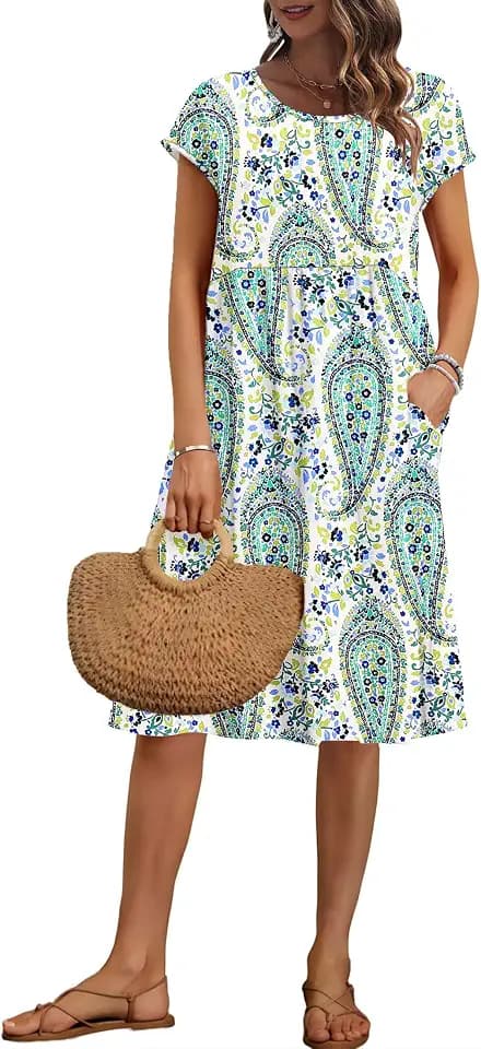 AUSELILY Damen Sommer Kurzarm Knielange Lockeres Sommerkleider mit Taschen