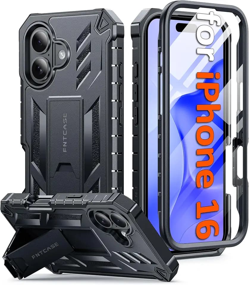 FNTCASE for iPhone 16 Case, with Built-in Screen Protector, Black