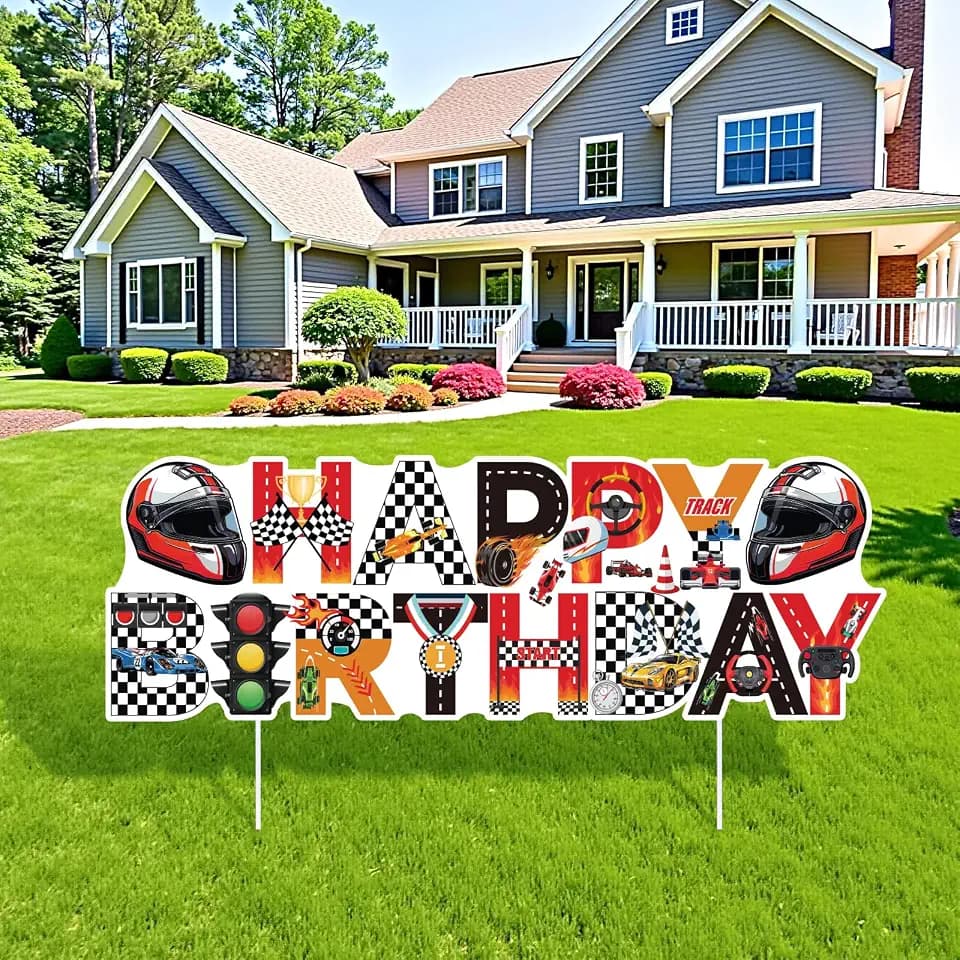 Race Car Happy Birthday Yard Sign Race Car Birthday Party Decorations for Boys with Stakes Waterproof Hot Car Lawn Sign Outdoor Garden Yard Lawn Decor for Wheel Racing Themed Bday Party Supplies