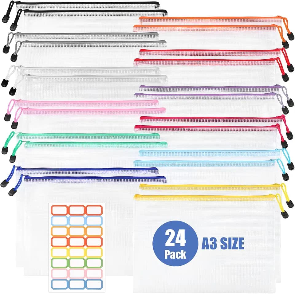 24 Pack Mesh Zipper Pouch Bags, A3 Large Mesh Bag, Zipper Bags
