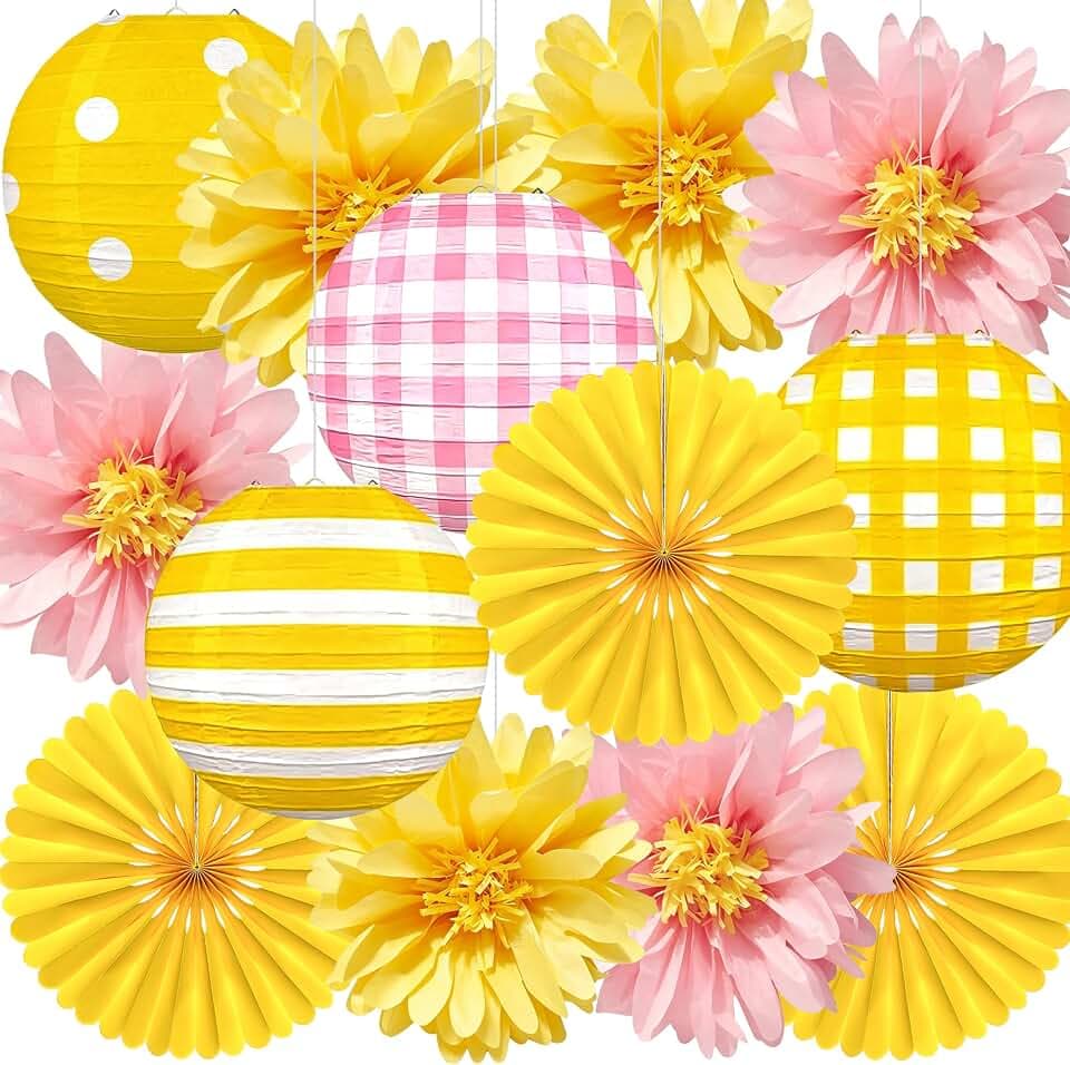 Syoulin Hawaii Sommer Frühling gartenparty Party Deko, Papier Hängedeko Set 13tlg Gelb-Rosa mit Pompons, Lampions & Papierfächer,Hawaii Sommer Garten Deko für Geburtstag, Babyparty & Hochzeit