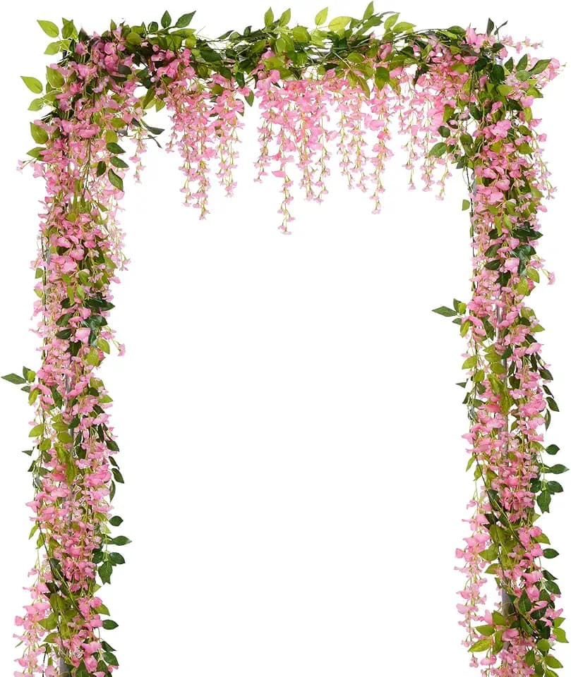Lvydec Künstliche Glyzinien-Girlande, insgesamt 8,8 m, Ranke, Seide, hängende Blume für Zuhause, Garten, Außenbereich, Zeremonie, Hochzeitsbogen, Blumendekoration, Rosa, 4 Stück
