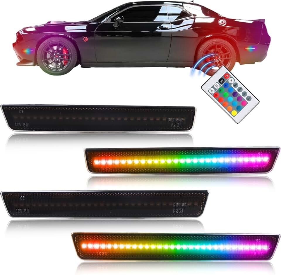 Full LED RGB Side Marker Lights for Dodge Challenger 2015-2023, [4 Modes 16 Colors] Multicolored RGB Marker Lamps, Front & Rear Smoked Lens Bumper Assembly with 24-Key Remote, 4PCS