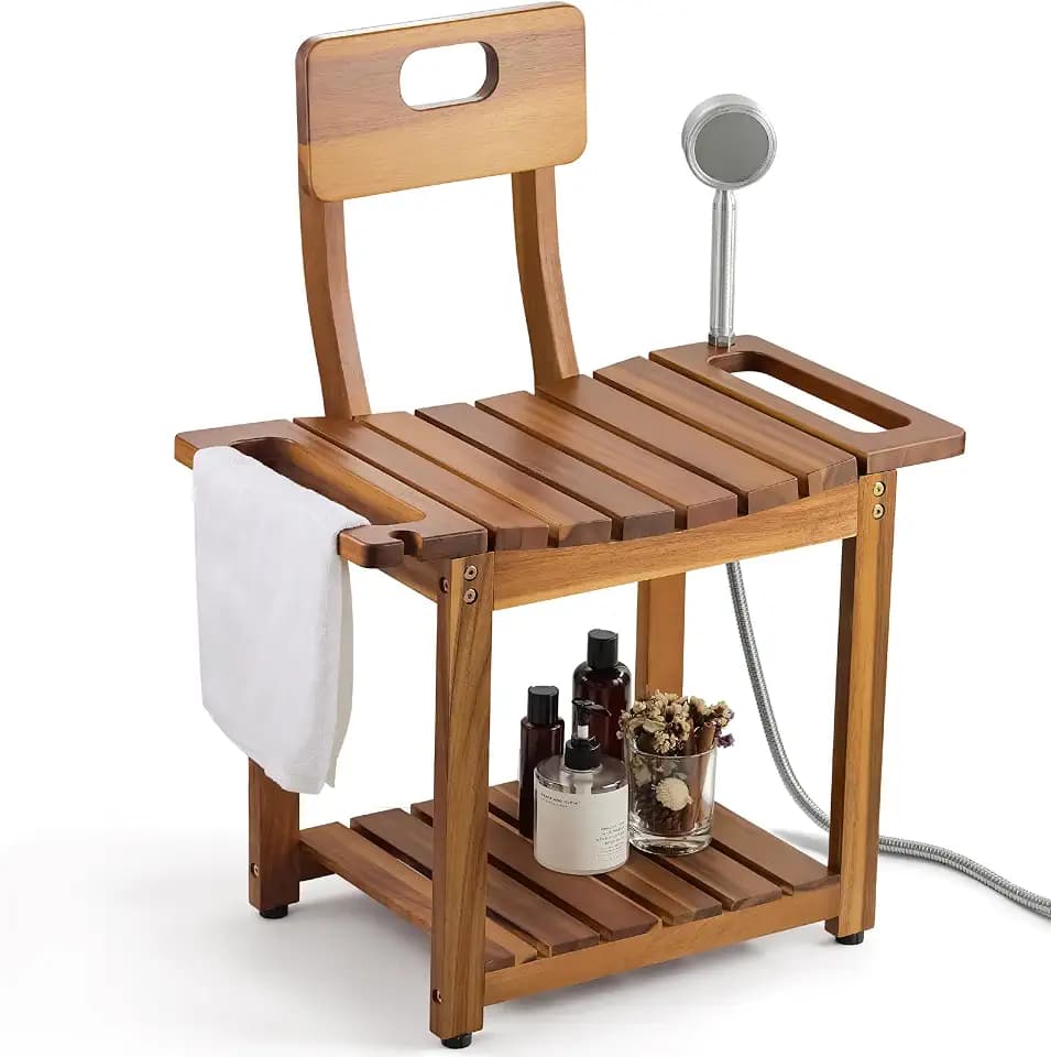 BLUEWEST 23.4 Inch Shower Chair with Backrest, 450 lb Capacity, Acacia Wood