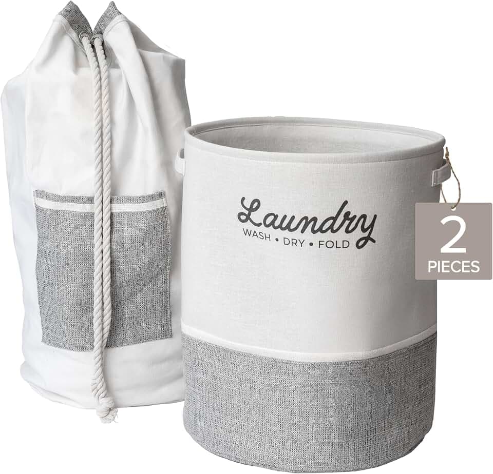 RGI Home 2-Piece Laundry Bag and Basket Set with Easy-Carry Handles, Heavy Duty Canvas and EVA, Durable and Stylish for Laundry Storage, Cream with Light Gray and White Accents