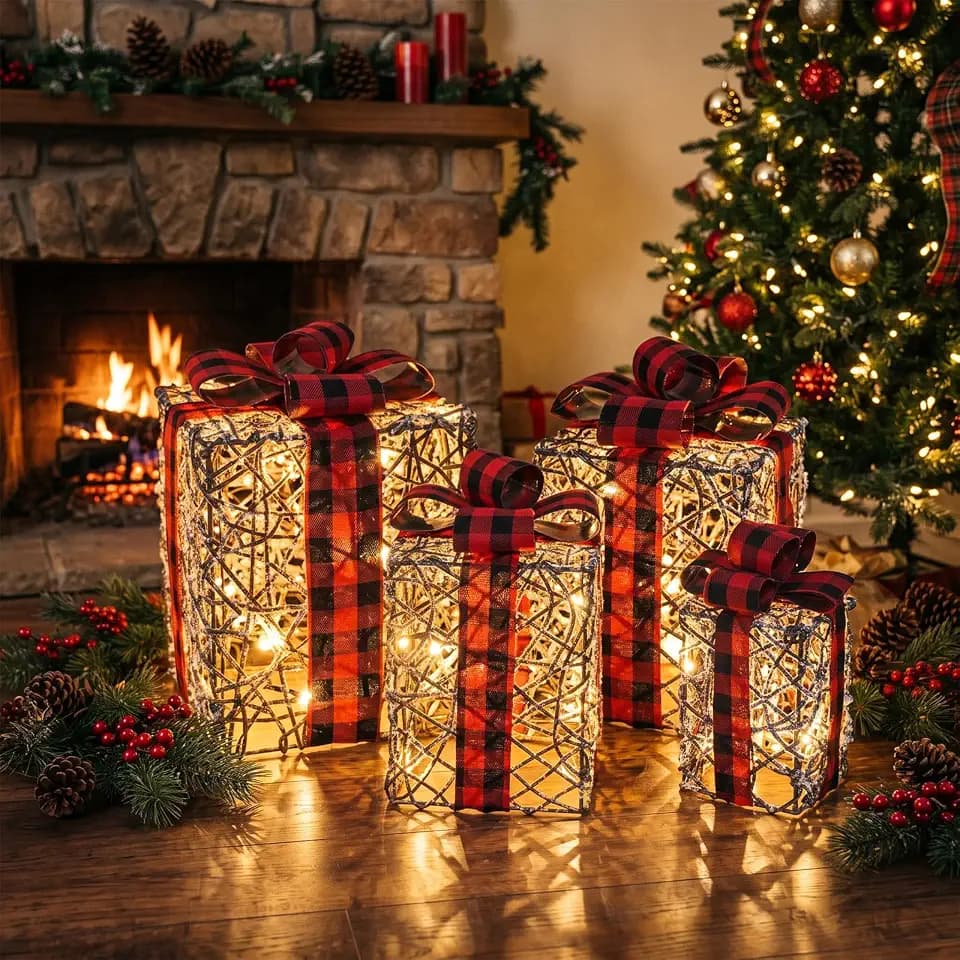 4Pcs Christmas Decorations Gift Boxes - Plug-in Lighted Gift Box Set with 40 LEDs Light for Christmas Tree, Porch, Yard, Outdoor Decor - Rattan