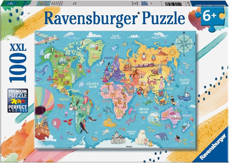 Ravensburger - Weltkarten-Puzzle, 100 XXL-Teile - Puzzles für Kinder ab 6 Jahren, Lern- und Spaßspiele, Geschenkideen
