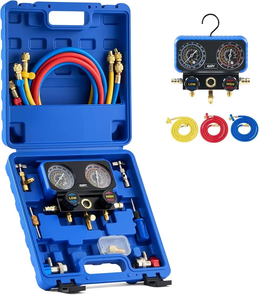 OMT 3-Way AC Manifold Gauge Set for R134a R12 R22 R502, 5 ft Hoses