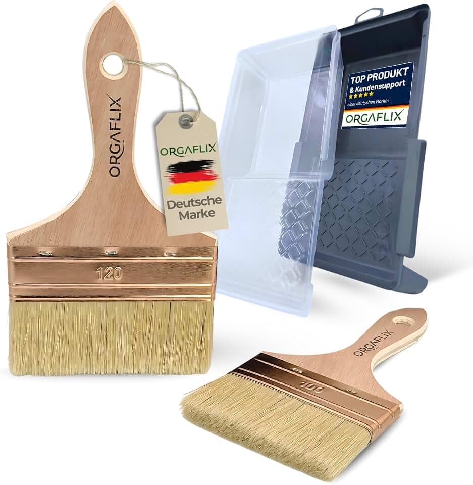 ORGAFLIX Flächenstreicher-Set 120mm + 100mm inkl. Farbwanne 15x30cm + 2 Einsätze für Öl, Lacke, Lasur, Beizen, Acryl, Kreidefarbe, Möbel, Breite Pinsel, Malerpinsel, Perfekt für große Flächen