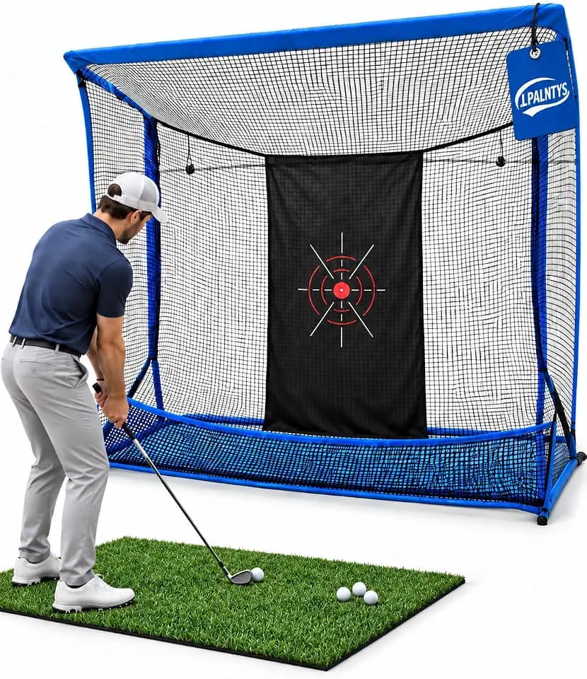 Golf Hitting Net with Extra Striking Net, 10x7ft Heavy Duty Golf Practice Net for Golfer Backyard Driving Swing, Golf Impact Net Cage Metal Frame with Storage Bag and Elevated Base (Blue)