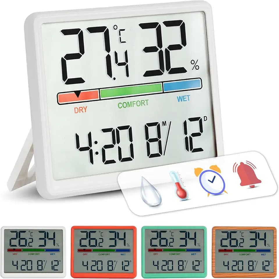 GIFTMARKET - Digitales Innenraumthermometer mit Hygrometer, Komfortanzeige, Uhr und Kalender, Farbe Weiß, ideal für Zuhause, Material ABS, Maße 9,3 x 7,2 x 1,6 cm
