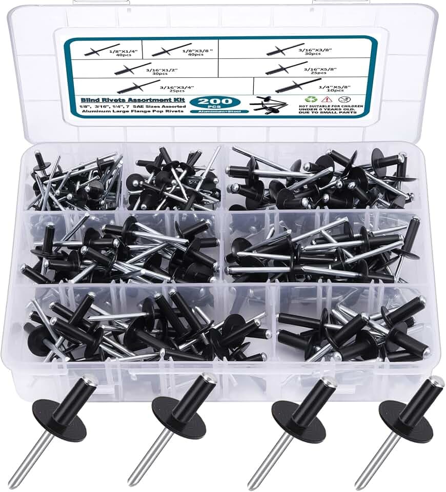 SATANTECH 200PCS Black Rivets Pop Rivets Assortment Kit, Large flange Aluminum Rivets(1/8" 3/16" 1/4") Assorted Blind Rivets with Case