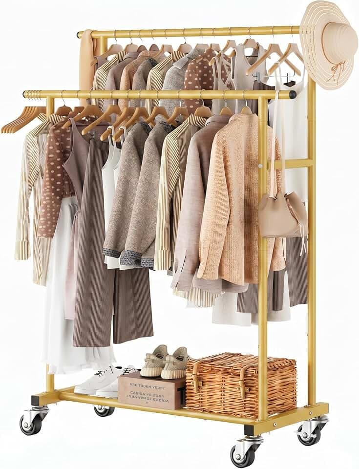 Calmootey Kleiderständer mit Doppelstange, rollbarer Kleiderständer, tragbarer Kleider-Organizer für Schlafzimmer, Wohnzimmer, Bekleidungsgeschäft, Gold