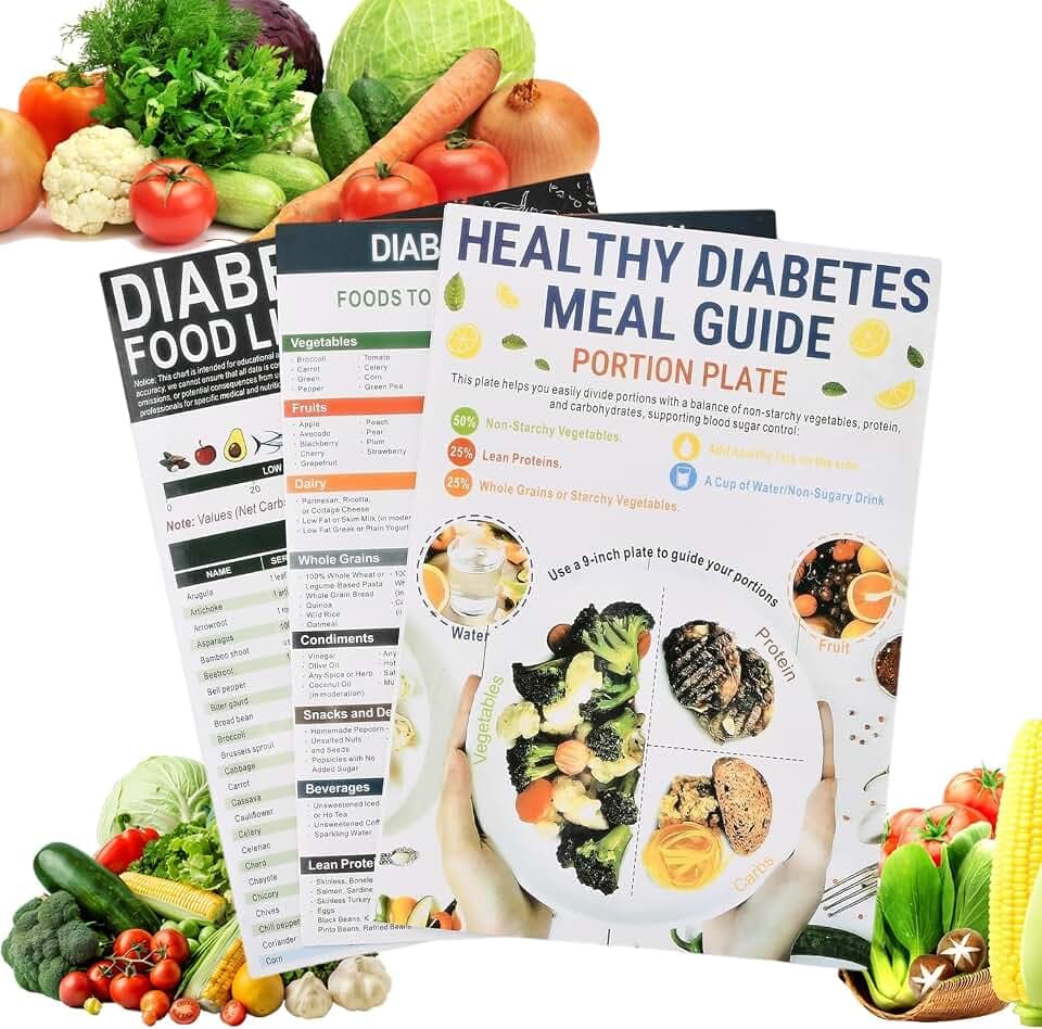 3er-Pack Diabetiker-Lebensmitteldiagramm-Set, glykämischer Index, Lebensmittelliste und Mahlzeitenplaner, kohlenhydratarme Diabetes-Diätleiter, Wanddiagramme für Blutzuckerkontrolle, Portionskontrolle