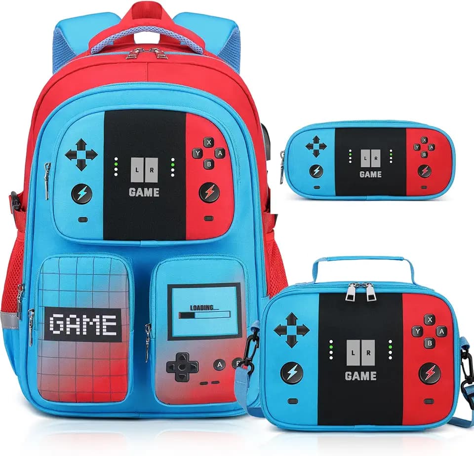 3PCS Gamer Backpack for Boys with Lunch Box & Pencil Pouch (Red Blue)