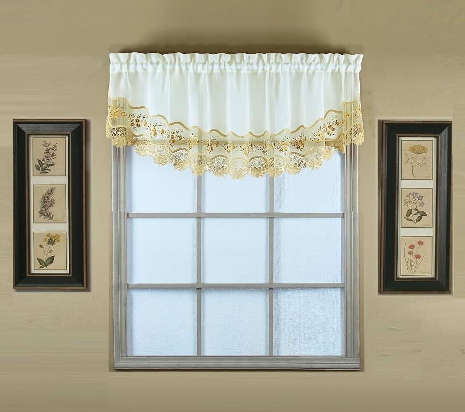 Today's Curtain, Vintage Macramé Organza Crescent 18", Ecru/Gold, 58" W x 18" L