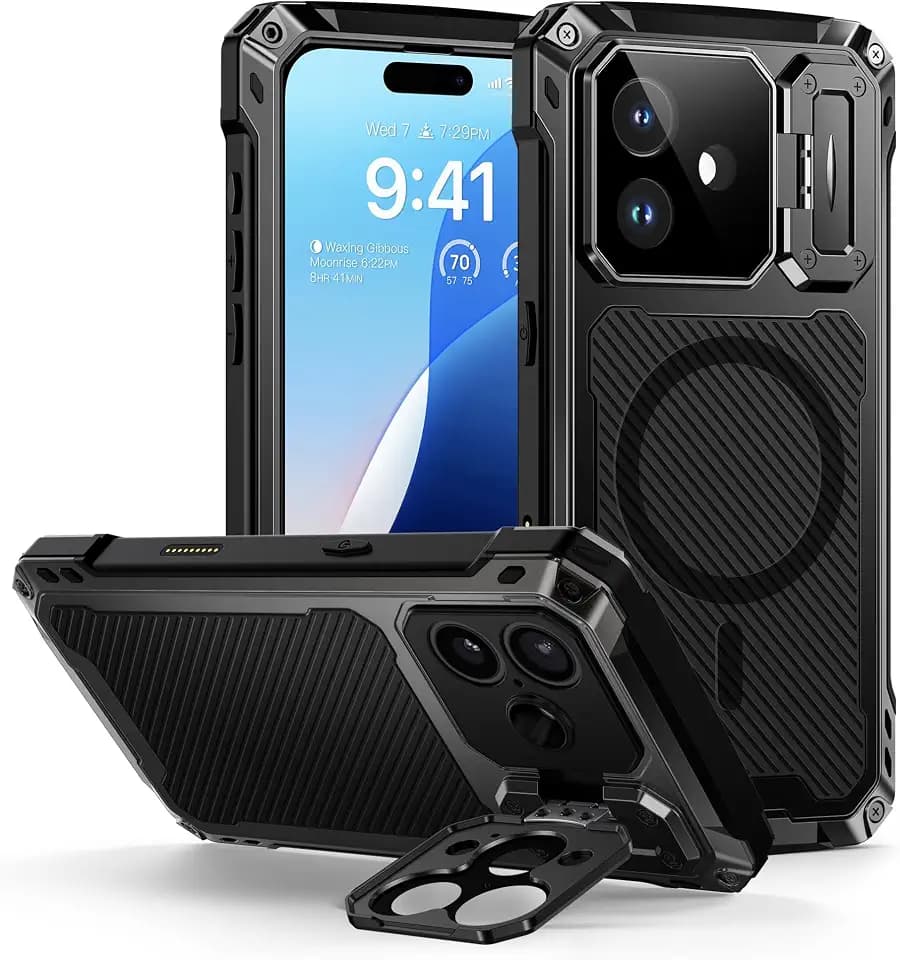 Lanhiem for iPhone 17 Metal Case with Kickstand, Compatible with MagSafe, Built in Tempered Glass Screen Protector, Full Body Camera Protection, Heavy Duty Rugged Military Phone Case, Black
