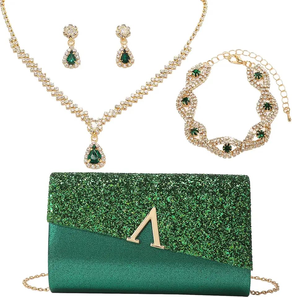 Glitzer Abend-Clutch für Damen, Glitzernde Handtasche für Hochzeiten und Bälle, 4-teiliges Strass-Schmuckset.
