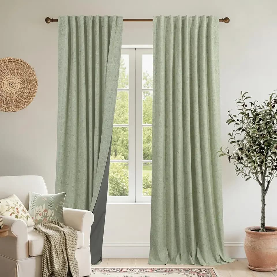 KOUFALL Sage Green Blackout Curtains 92 Inch Length 2 Panel Set, Linen Boho Black Out Pleated Soundproof Thermal Curtains & Drapes for Bedroom Cottage Core Decor, 93 Inch Long Curtains