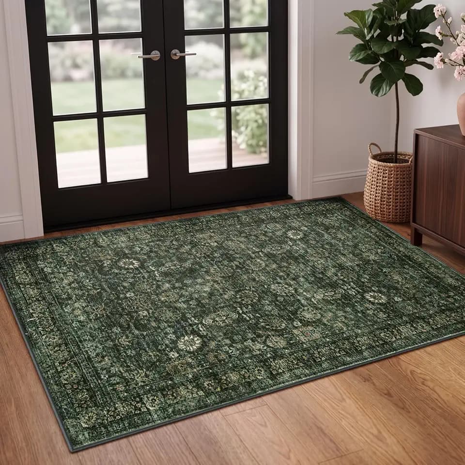 Morebes Vintage Floral 3x5 Entryway Front Porch Rug, Dark Green