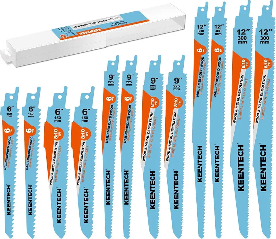 KEENTECH 12-Piece Bi-Metal Reciprocating Saw Blade Multipurpose Demolition Set, for Cutting Metal, Wood and Plastic, Fits Milwaukee Sawzall and Other Reciprocating Saws