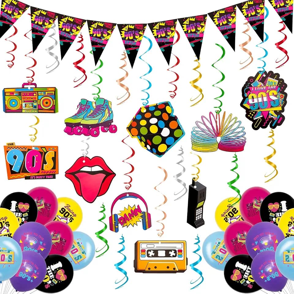 67 Stück 90er Thema Party Geburtstag Dekorationen 90er Jahre Flagge Wimpel Banner 90er Jahre Party Luftschlangen Geburtstag HäNgende Wirbel Deko 90er Jahre Luftballons Deko Bunte (90er deko)