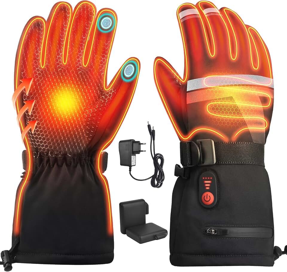 Handschuhe Beheizbare, Elektrische Beheizte Skihandschuhe mit 7.4V 6400 mAh Wiederaufladbar Akkus, 3 Heiztemperatur Einstellbare, Winterhandschuhe für Skifahren Radfahren Motorrad