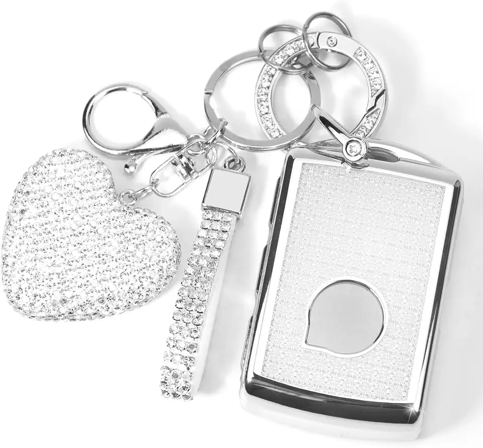 Key Fob Cover with Diamond Keychain Compatible with Volvo Car Key Holder Compatible with XC90, XC60, XC40, S60, S90, V60, V90, Polestar 1, Polestar 2 Key Protector for Women, (Silver-Heart)