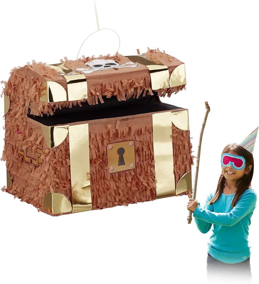 Relaxdays Pinata Schatzkiste, zum Aufhängen, Kinder, Mädchen, Jungs, Geburtstag, Befüllen, HxBxT: 27 x 30 x 23 cm, braun