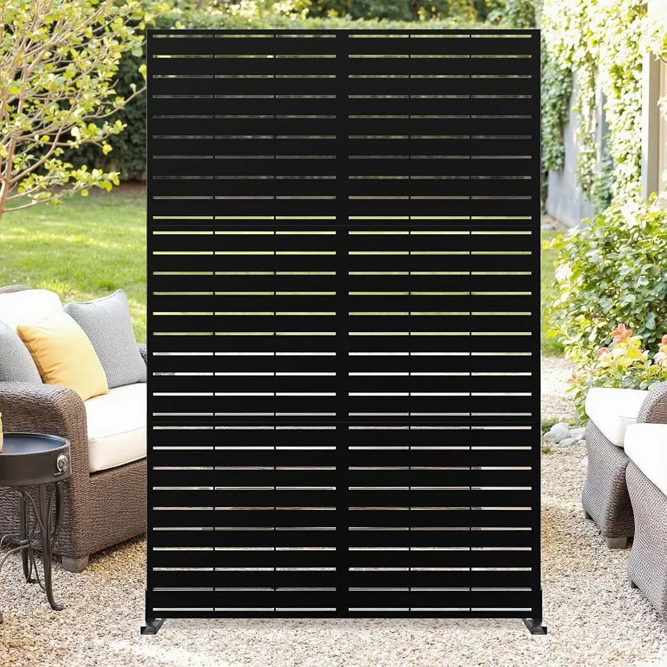Metal Privacy Screen Outdoor, Heavy-Duty Galvanized Steel Free Standing Decorative Privacy Fence Panels, Rust-Proof Room Divider Privacy Panels for Patio, Pool, 72" h x 47" w, Black-Horizontal Slat