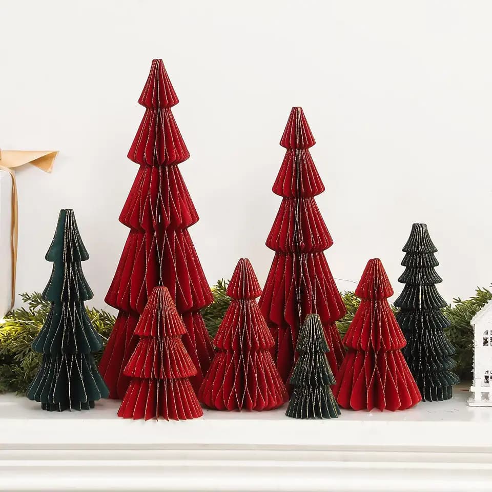 Spiareal 8 Pcs Paper Honeycomb Christmas Tree Decor Christmas Table Centerpiece 3D Gold Glitter Edge Red and Green Paper Trees for Xmas Winter Tabletop Mantel Holiday Party Decorations