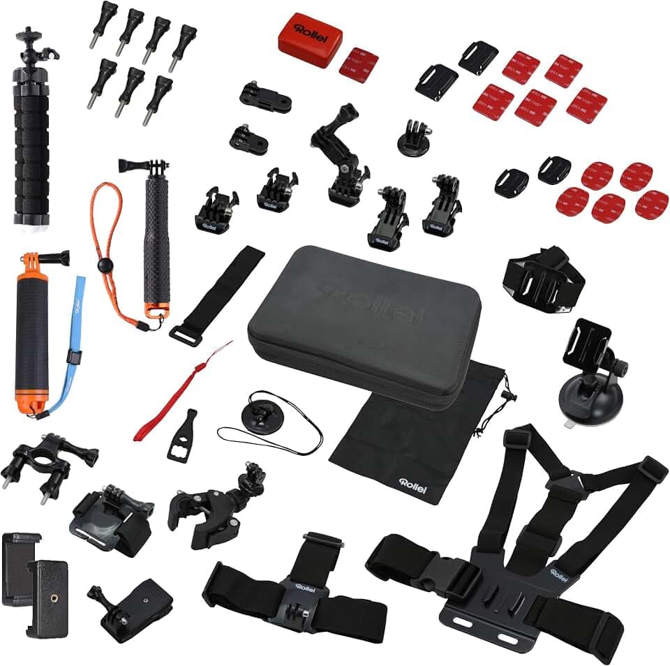 Rollei 21643 Actioncam Zubehör Set Sport XL - 49-teiliges Zubehör Set, inkl. Tasche, Mini Stativ und Selfie Stick, kompatibel mit allen Rollei und GoPro Actioncams