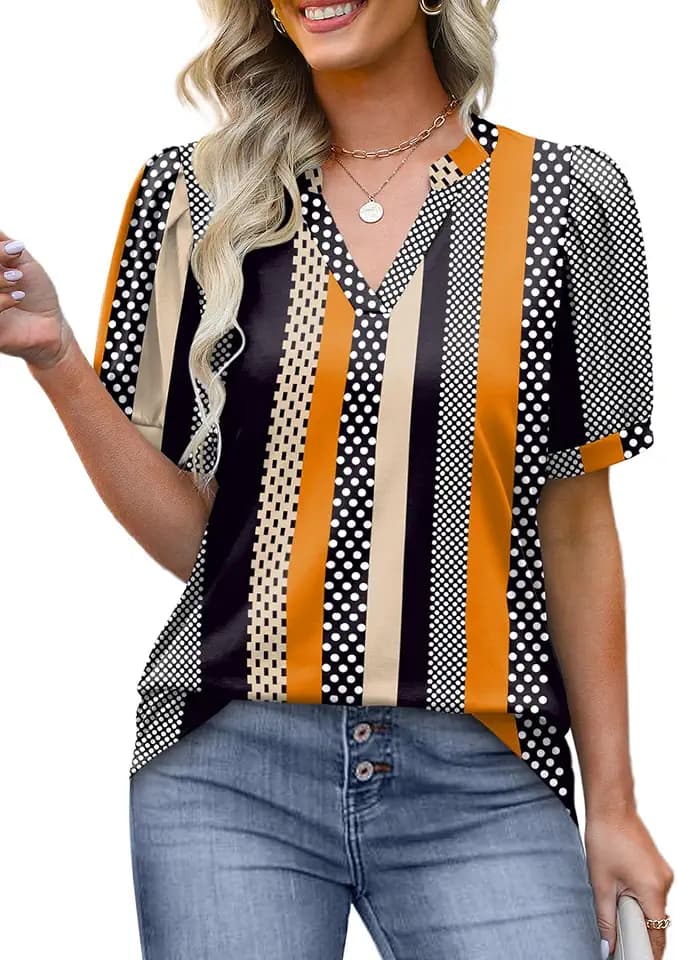OFEEFAN Women's Pleated Puff Sleeve Tops Summer V Neck Tunic Shirts Loose Curved Hem Blouses Dressy Casual S-3XL