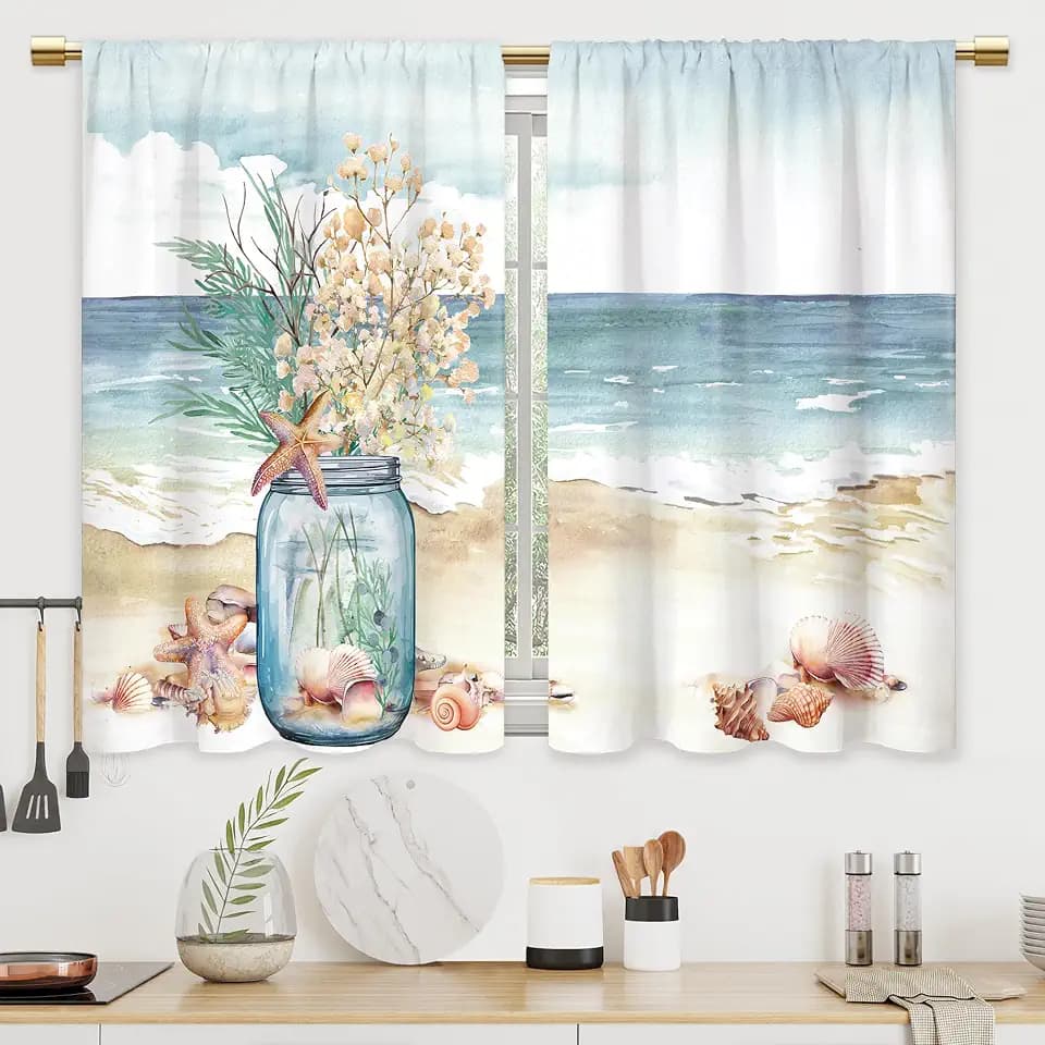 Cinekker Summer Coastal Kitchen Curtains - Starfish Blue Sea Bathroom Window Treatment Drapes Tier Seashell Flower Botanical Cafe Small Bedroom Short French Door Curtains 27.5x39 Inch